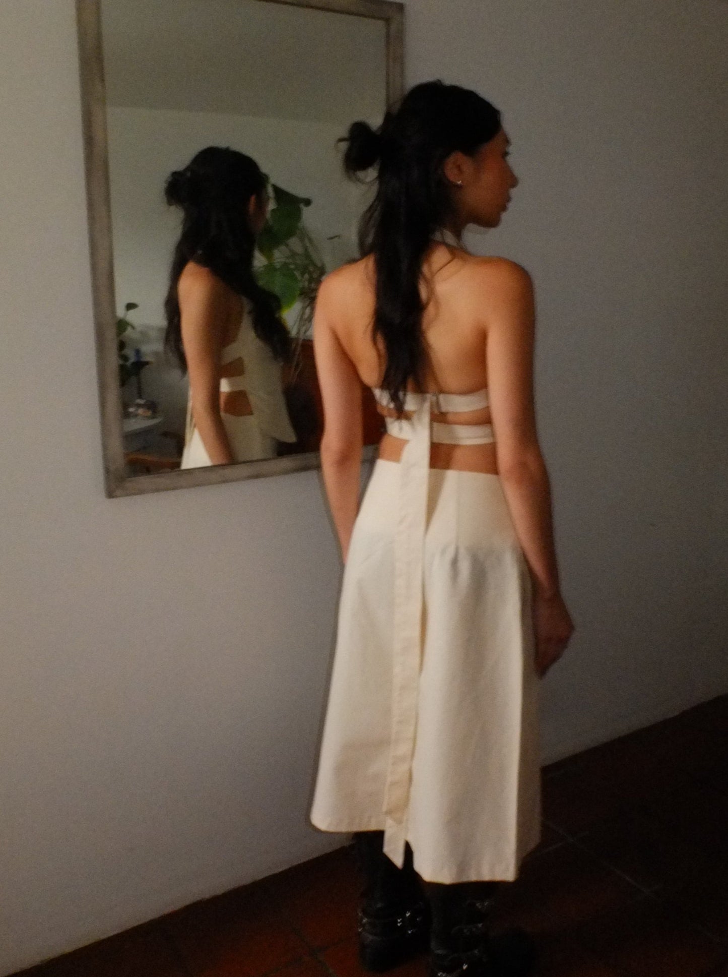 Midi Length Cream Canvas Skirt with Pockets and Lace-Up Details